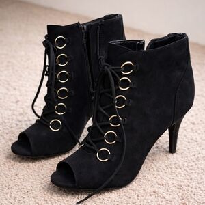Black Lace-Up Peep Toe Ankle Boots